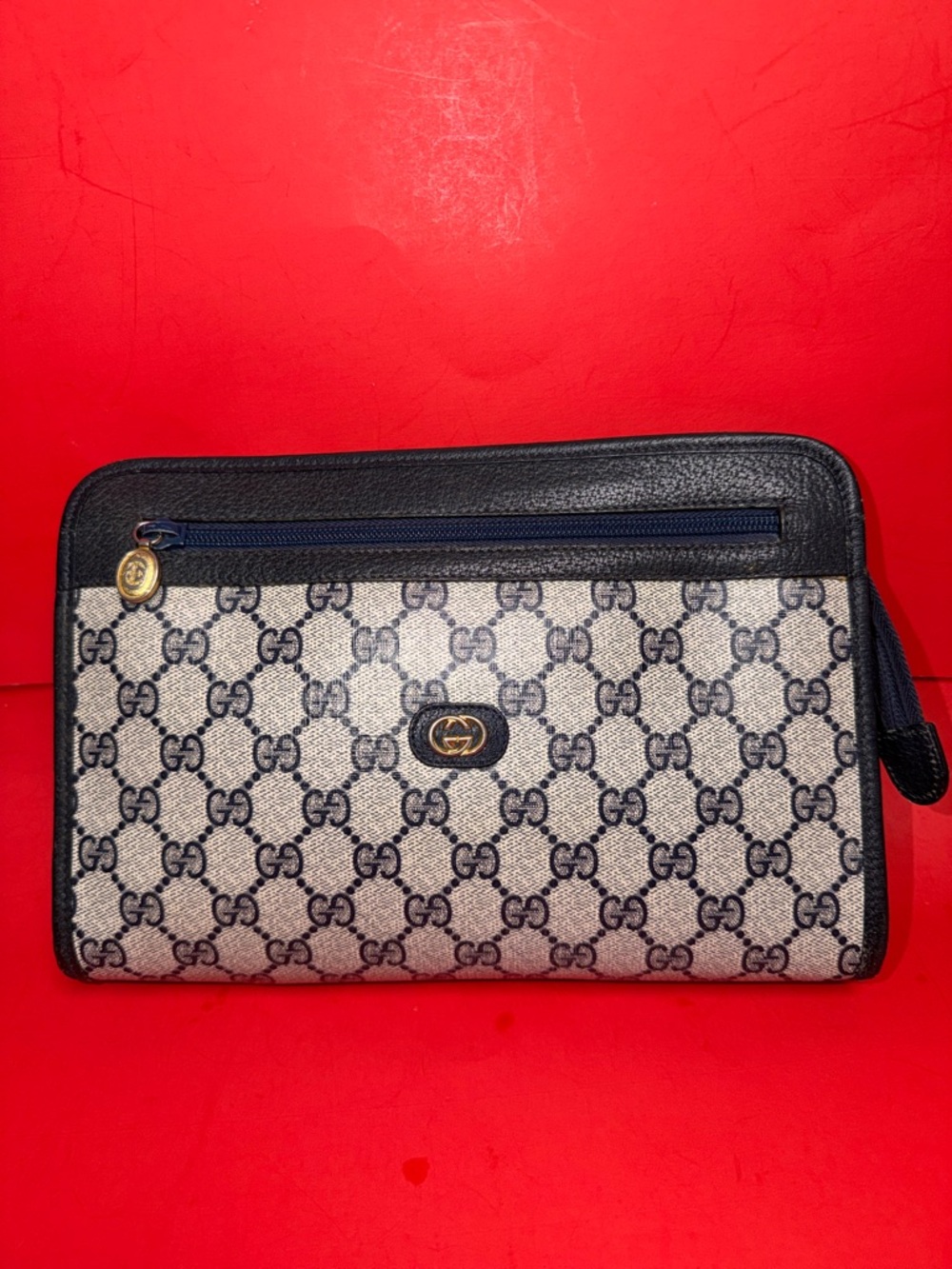 Gucci Beige/Blue GG Monogram Zip Pouch with Gold Hardware